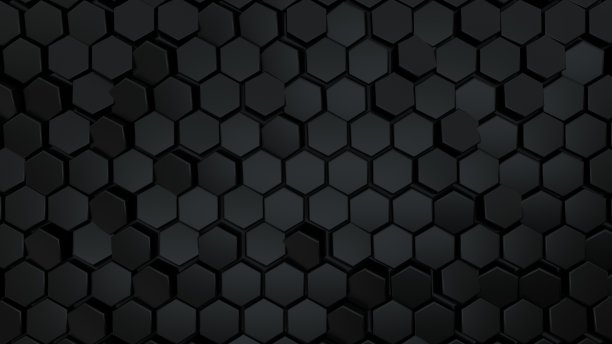 抽象的六角形的背景。大量的黑色六边形。3d墙面纹理，六角形块簇。细胞板。三维渲染几何多边形图片下载