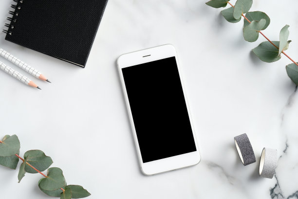 平铺智能手机模型，纸笔记本，铅笔，桉树叶在大理石的背景。俯视图家庭办公桌，优雅的女性工作空间。图片下载