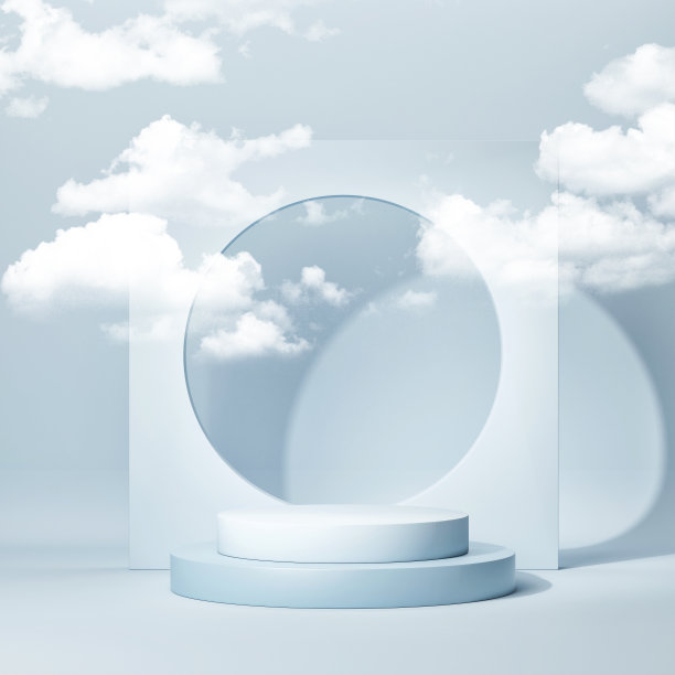 产品展示的讲台。展厅、展览室的三维效果图。蓝色背景。图片下载