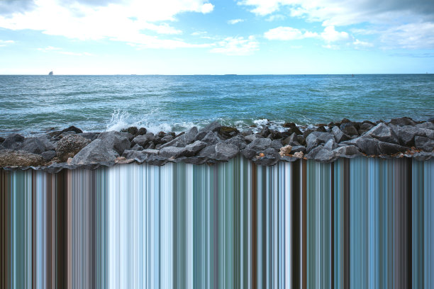 艺术视觉旅游概念线设计，以美丽的自然风光度假。现代艺术品，当代艺术拼贴。图片下载