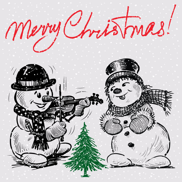圣诞贺卡与欢乐的雪人与冷杉树的草图图片下载