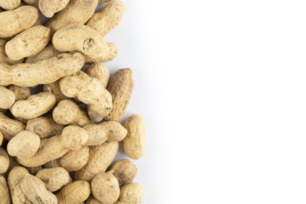 白色背景上的带壳花生。啤酒的零食。健康食品的概念。图片下载
