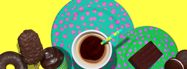 3d插画时尚拼贴平面lay场景。混合巧克力糖果和咖啡杯。创造性的动物打印。简约饮食风格现代艺术。图片下载