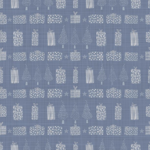 无缝法国农家亚麻印花冬季假期背景。普罗旺斯蓝灰色亚麻花纹纹理。寒伧别致的圣诞主题背景。纺织农家全印图片下载