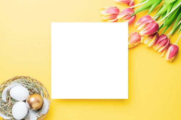 复活节。金色，白色的蛋篮子与春天的郁金香，羽毛在柔和的黄色背景在快乐复活节装饰。传统设计与复制空间。图片下载
