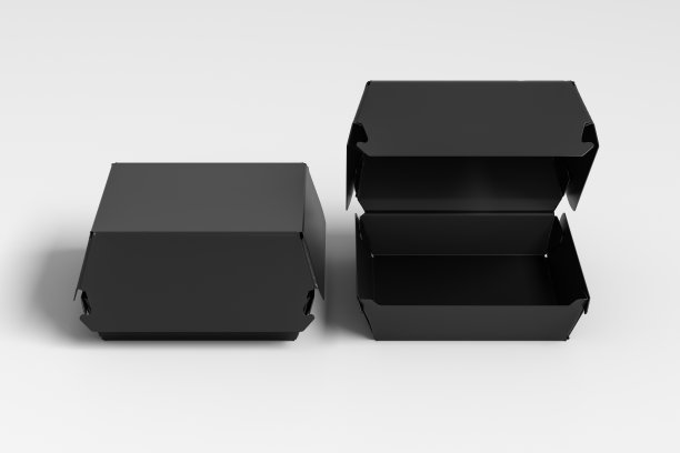 闭合和打开黑色食品盒模拟。包装的汉堡，午餐，快餐，汉堡和三明治的白色背景图片下载