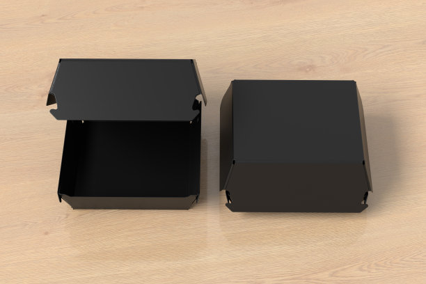 闭合和打开黑色食品盒模拟。包装的汉堡，午餐，快餐，汉堡和三明治的白色背景图片下载