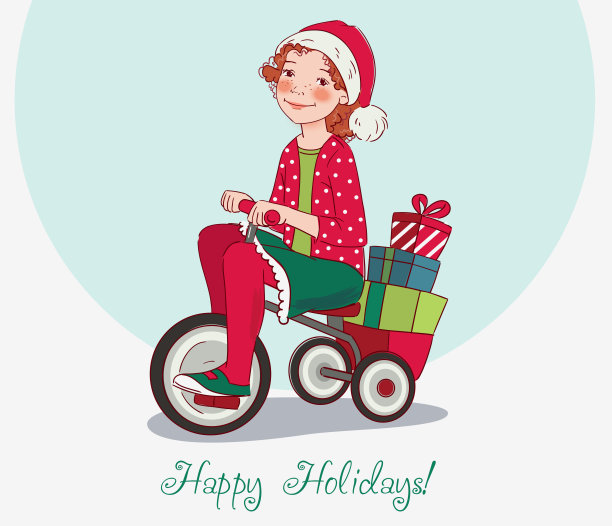 可爱的孩子骑自行车。有趣的女孩玩得很开心。圣诞插图矢量概念图片下载