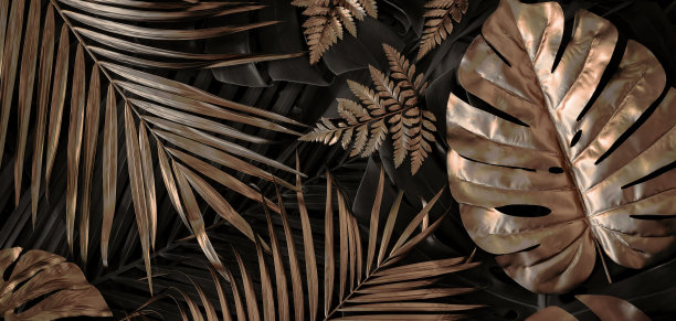 创造性的自然背景。金色和绿色的热带怪物和棕榈叶。最小的夏季抽象丛林或森林模式。图片下载