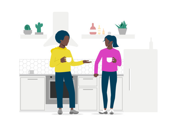 那对黑人夫妇正在厨房里谈话。年轻人喝酒，闲聊，友好地交谈。矢量插图。图片下载