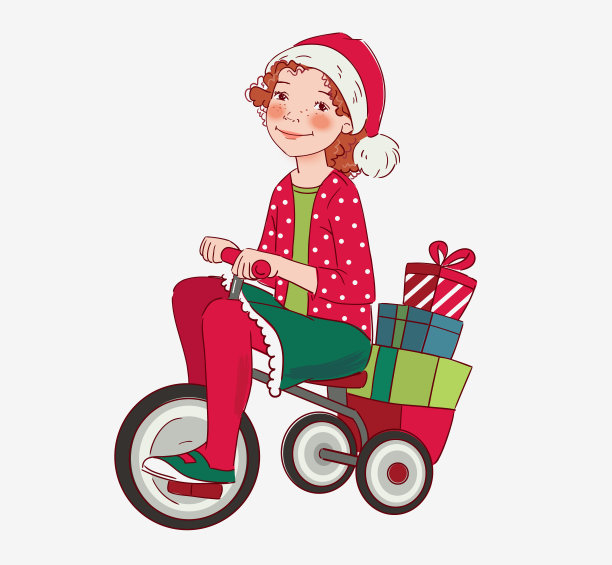 可爱的孩子骑自行车。有趣的女孩玩得很开心。圣诞插图矢量概念图片下载