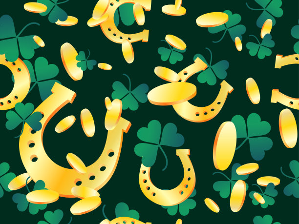 金币和三叶草与黄金马蹄铁无缝图案的圣帕特里克节。节日背景的广告产品，明信片和印刷。矢量图图片下载