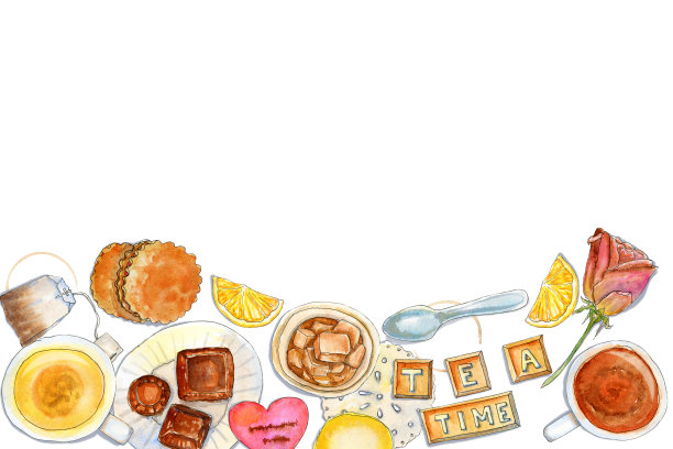 黄和棕水平平铺茶时间组成图片下载