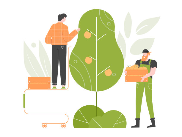 两名工人正在从一棵苹果树上摘水果。农业、农业、水果种植。季节性的健康食品。矢量平面插图。图片下载