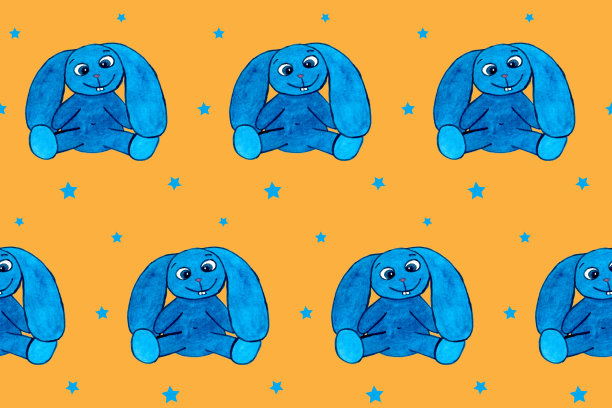 无缝模式与蓝色东方兔子在橙色板。手绘图。水彩纹理。有趣和可爱的兔子玩具的宝宝。春天和夏天的主题。印刷纺织品，礼品包装纸图片下载