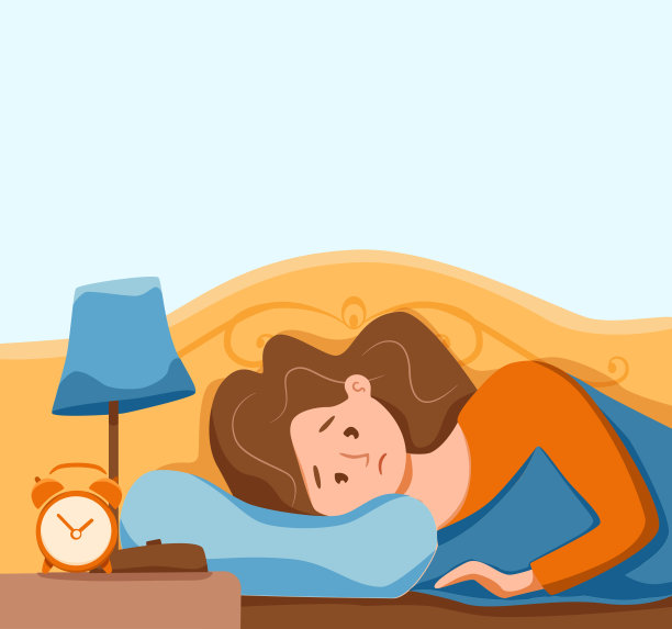 困醒在床上的孩子患有失眠症。向量插图的疲惫，疲惫，悲伤的女孩失眠者试图入睡与睁开眼睛在夜间卧室平面卡通风格。褪黑素和噩梦，抑郁，压力背景。图片下载