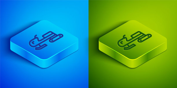 等距线雪地车图标孤立在蓝色和绿色背景。玩雪地摩托车的迹象。极限运动。方形按钮。向量图片下载