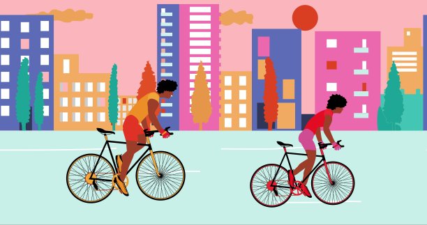 非洲裔美国人骑自行车的男女在夏季的城市里骑自行车在日落。卡通、平面设计图片下载