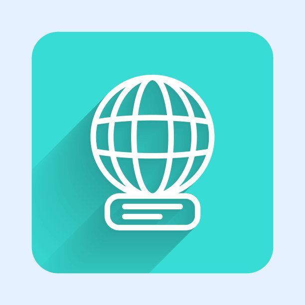 白色线世界图标孤立与长阴影。在全球销。绿色广场按钮。向量图片下载