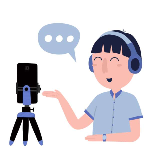 手机在三脚架上，十几岁的男孩和泡泡语音孤立在白色。图片下载