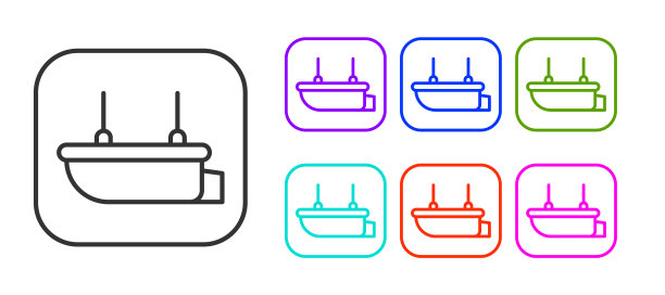 黑线救生艇图标孤立在白色背景上。设置图标丰富多彩。向量图片下载