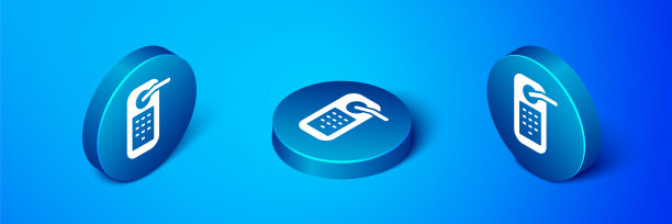 等距数字门锁与无线技术解锁图标隔离在蓝色背景。门把手的迹象。安全智能家居。蓝色圆按钮。向量图片下载