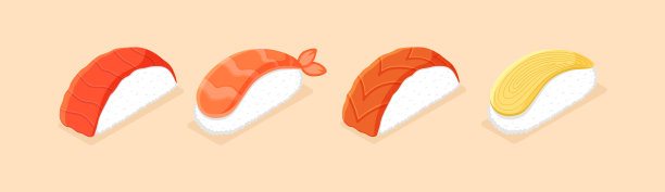 寿司。等距寿司图标上的白色背景。红鱼子酱卷，三文鱼卷。寿司手握寿司配虾。日本传统食物。平面风格矢量插图。图片下载