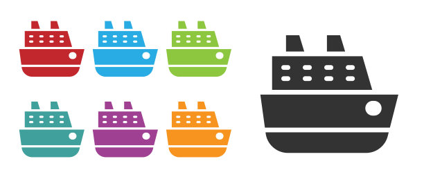 黑色邮轮图标孤立在白色背景。旅游、旅游、航海运输。远航客轮、邮轮。全球巡航。设置图标丰富多彩。向量图片下载