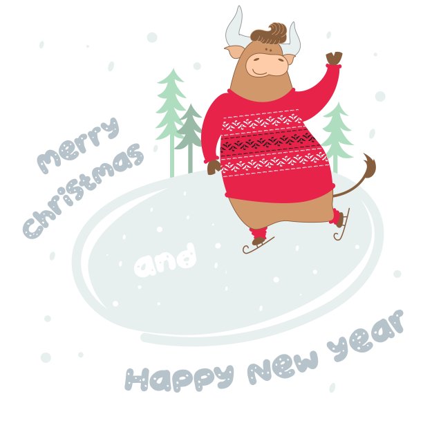 一头穿着毛衣的公牛正在树林中的溜冰场上滑冰图片下载