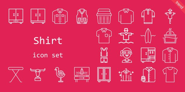 衬衫的图标集。行图标风格。衬衫相关的图标，如铁桌，冲浪板，水牛，壁橱，西装和领带，夹克，运动服，女孩，飞镖板，稻草人，衬衫，洗衣，马球图片下载
