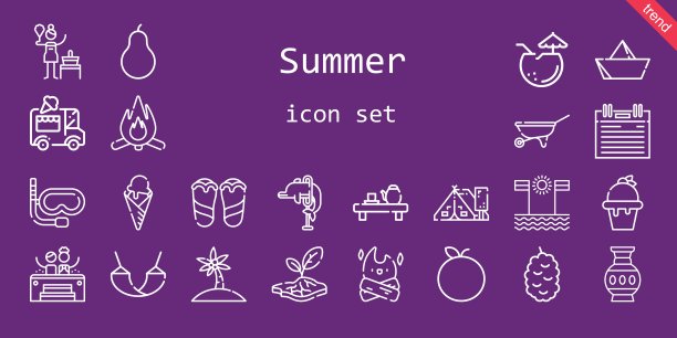 夏天的图标集。行图标风格。夏天相关的图标，如冰淇淋车，帐篷，独轮车，海豚，浆果，热水浴缸，橘子，桦树，潜水器，花瓶，议程，椰子，茶，棕榈树，梨图片下载