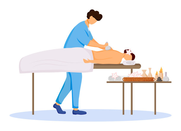 按摩师和客户平面颜色矢量插图。温泉疗法，在度假村享受水疗。酒店沙龙。按摩治疗师在蓝色统一孤立卡通人物在白色背景图片下载
