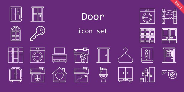 门的图标集。行图标风格。门相关的图标，如洗衣机，门，壁橱，储物柜，房子，橱柜，储物柜，门，厕所，衣柜，入口，衣架，钥匙图片下载