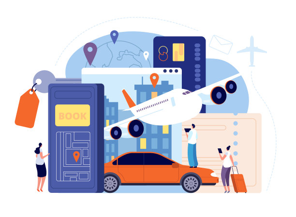 预订旅行。网上机票，网上酒店租赁app。移动度假服务，智能手机预订旅游完全矢量概念图片下载