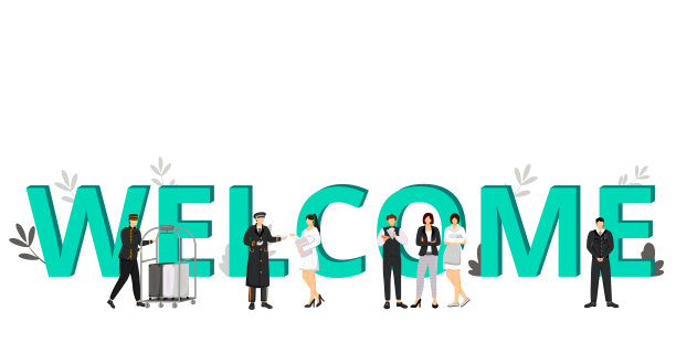 欢迎来到酒店平面彩色矢量插图。接待商务、住宿服务。门房，门卫，度假村经理。工作人员将卡通人物隔离在白色上图片下载