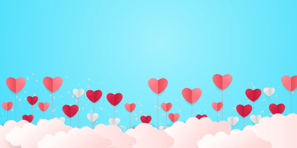 爱的背景与心的形状和云彩。横旗上有剪纸的云朵，蓝天上有放飞的心，剪纸工艺艺术。情人节销售概念，优惠券模板与方形框架。图片下载