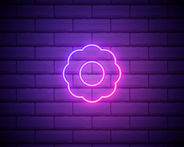 花红色发光霓虹灯ui ux图标。发光标志标志向量。发光的花孤立在砖墙背景上。图片下载