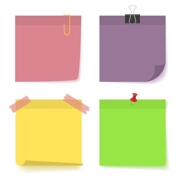 一套粘贴笔记与大头针，办公室剪辑元素。四粉色、绿色、紫罗兰色、黄色不干胶提示纸图标。商业或教育概念的模板设计图片下载