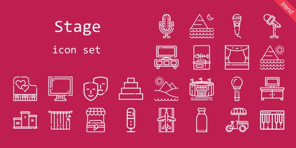 阶段的图标集。行图标风格。舞台相关的图标，如电视台，喜剧，窗帘，展示，跑道，产品，钢琴，舞台，讲台，鱼骨，金字塔，体育场，麦克风，看台图片下载