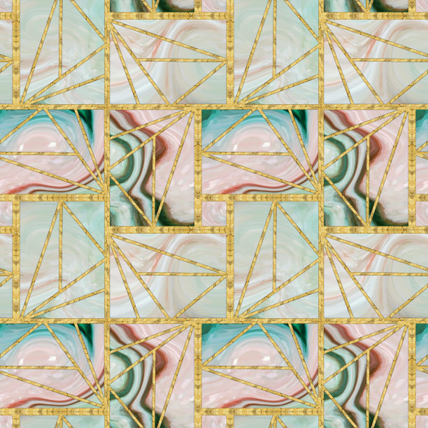 现代的镶嵌,镶嵌。彩色玻璃风格的插图。装饰艺术背景。几何无缝模式。彩色纹理和金色人造石结构。抽象印刷，创意瓷砖表面。图片下载