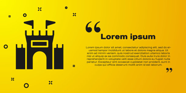 黑色城堡图标孤立在黄色背景上。向量图片下载