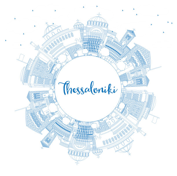 轮廓塞萨洛尼基希腊城市天际线与蓝色建筑和复制空间。图片下载