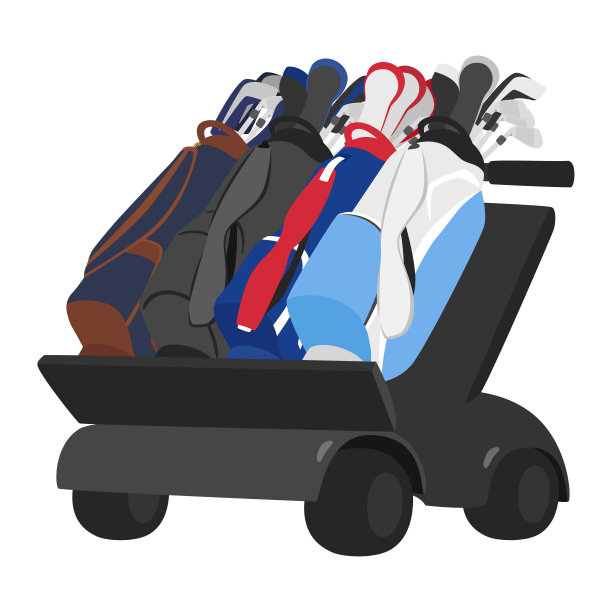 一辆上面有球童袋的高尔夫球车。图片下载