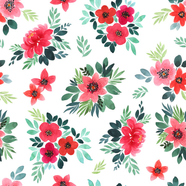 无缝水彩背景设计的明信片，横幅，邀请。抽象的花与树叶在夏天的红绿色阴影图片下载