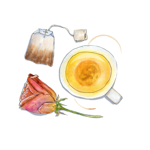 用茶和干玫瑰作的浪漫平铺画图片下载