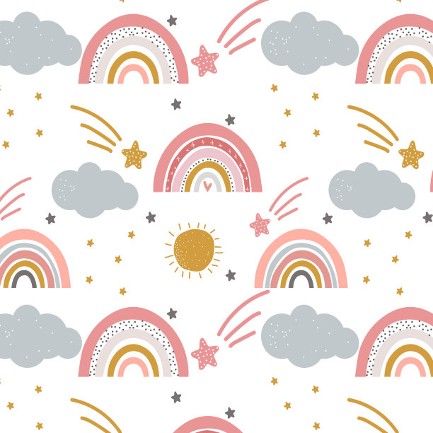 可爱的彩虹幼儿托儿所图案无缝重复，云彩，星星图片下载