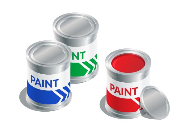 等距矢量插图红色，绿色和蓝色油漆桶隔离在白色背景。逼真的RGB颜色油漆罐图标在平面卡通风格。有油漆翻新用的锡桶。图片下载