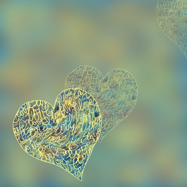 情人节贺卡。在绿色背景上用心做的模糊拼贴画。形象与文字的爱。渐变背景图片下载