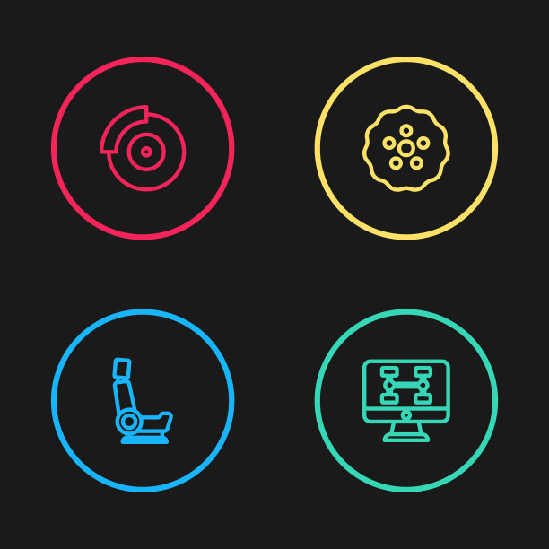 设置线汽车座椅，汽车诊断状况，齿轮和制动盘与卡钳图标。向量图片下载