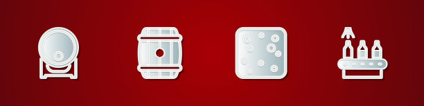 架子上放置木桶，啤酒气泡和传送带，啤酒图标。向量图片下载